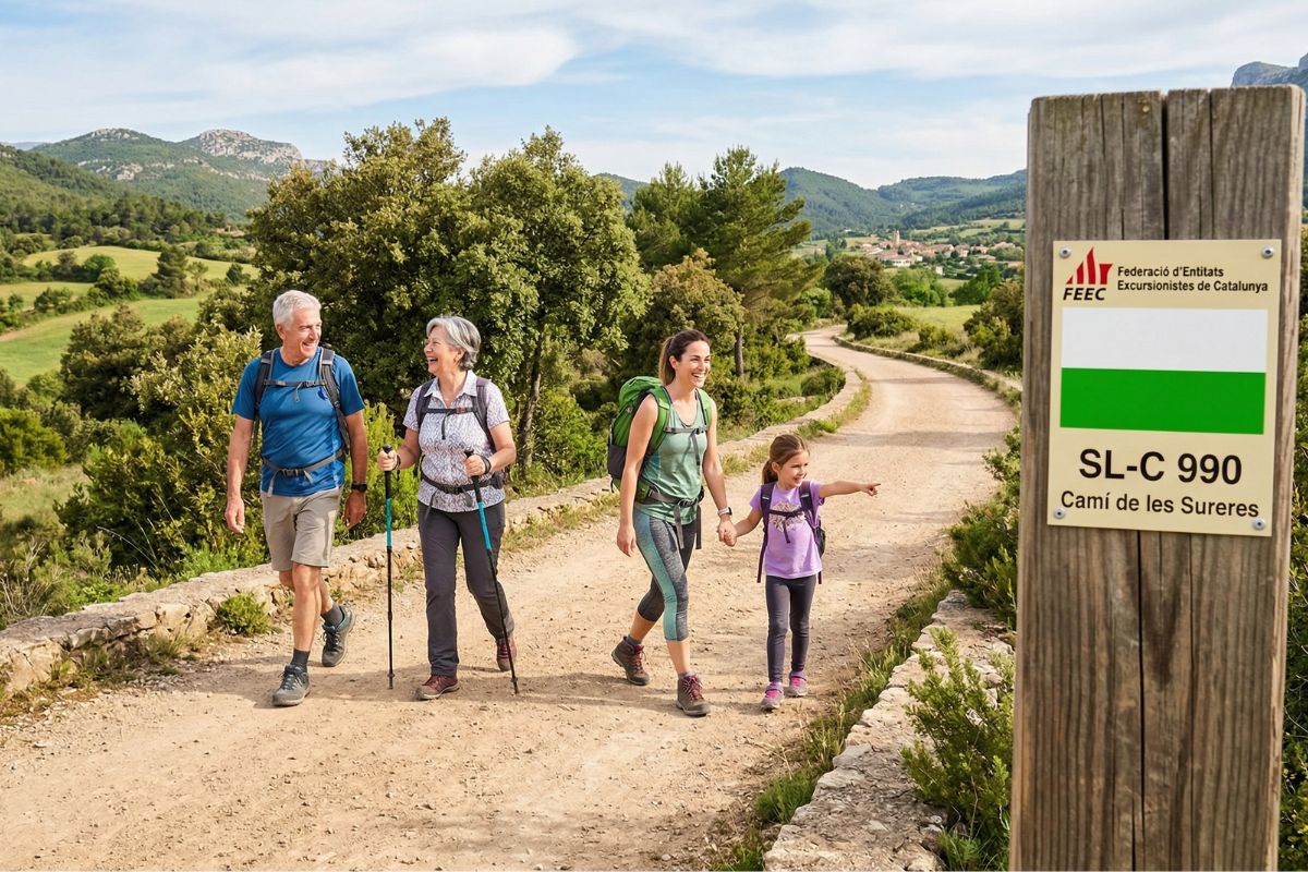 Familia multi-generacional caminando por el Sendero Local SL-C 990 (blanco y verde) en Catalunya.