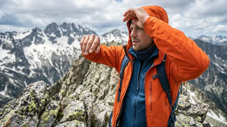 Montañista con sistema de 3 capas en cresta tecnica.