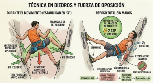 Infografía técnica en español sobre el equilibrio en escalada: muestra la biomecánica de oposición en un diedro, el triángulo de estabilidad y la posición del centro de gravedad para un reposo sin manos.