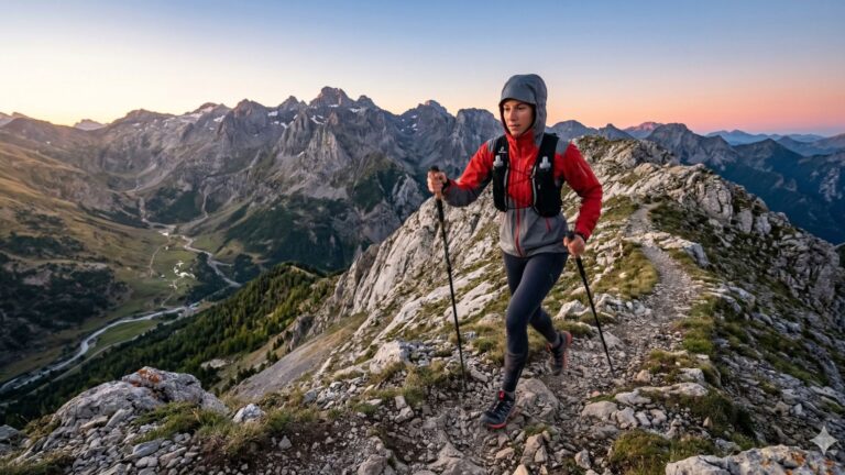 Montañera practicando Fast Hiking con mochila-chaleco ligera, bastones de carbono y zapatillas híbridas en una cresta técnica de alta montaña al amanecer.