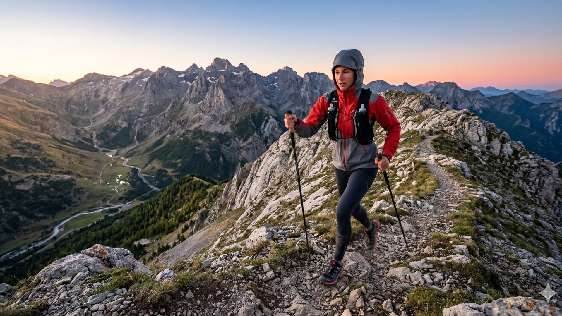 Montañera practicando Fast Hiking con mochila-chaleco ligera, bastones de carbono y zapatillas híbridas en una cresta técnica de alta montaña al amanecer.