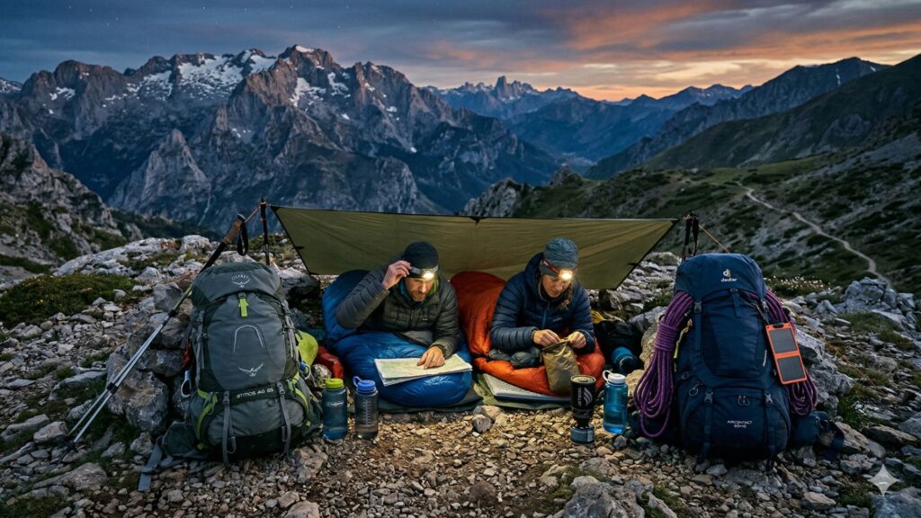 Un hombre y una mujer senderistas realizan un vivac en un vivac tecnico en Picos de Europa al atardecer con las mochilas de expedicion Osprey Atmos AG 65 y Deuter Aircontact Core 60+10.