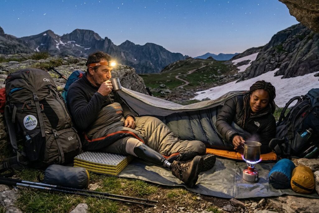 Dos personas pernoctando en sacos de dormir de vivac en un terreno rocoso de alta montaña al atardecer.