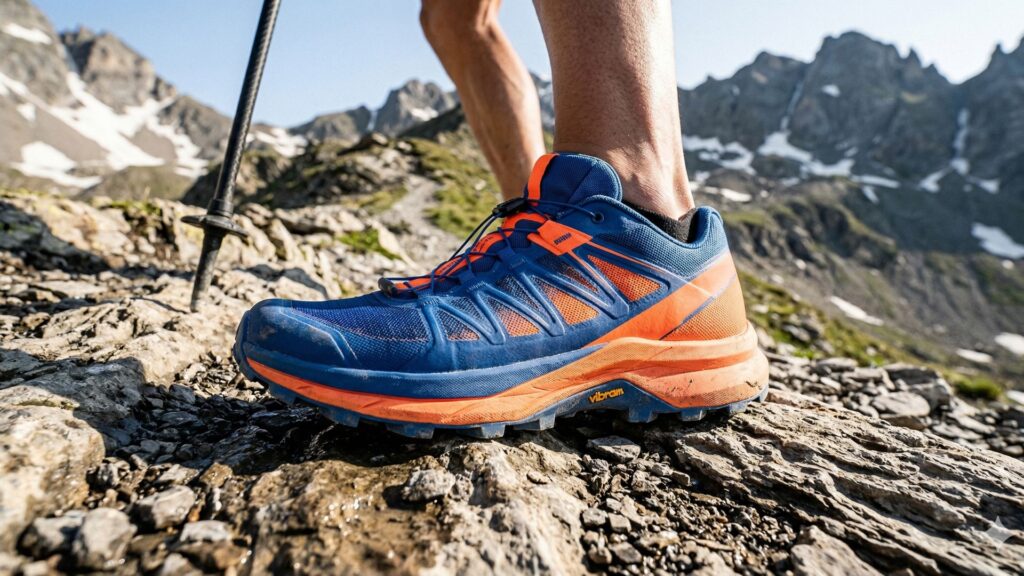 Close-up técnico de una zapatilla híbrida de Fast Hiking de 2026, con suela agresiva de compuesto blando (Vibram Megagrip), mediasuela reactiva y upper minimalista termosellado.