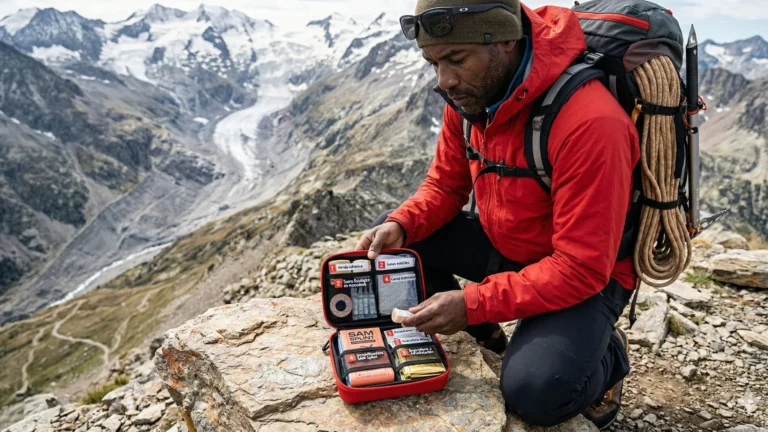 Montañera experta concentrada y arrodillada en una arista alpina expuesta, manipulando y organizando un botiquín técnico rojo compacto y abierto sobre la roca.