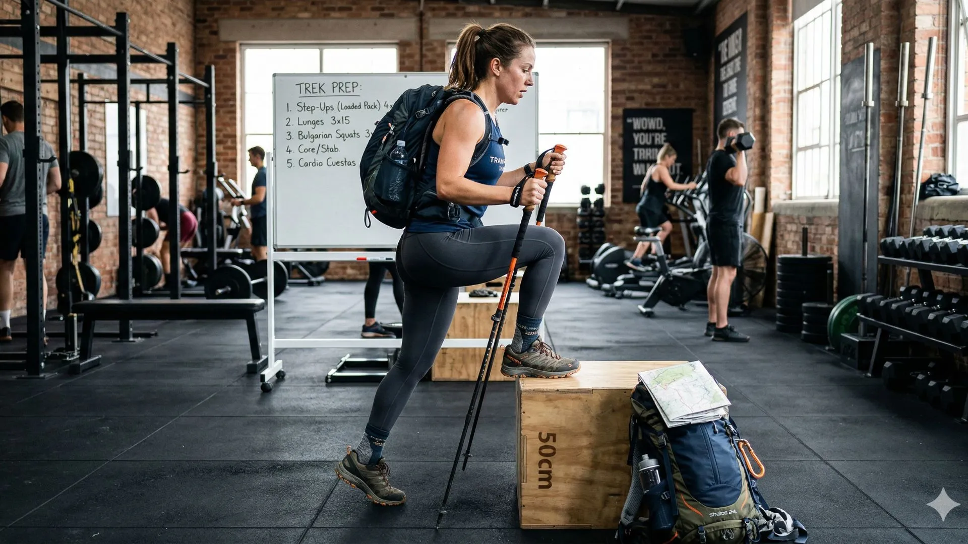 otografía técnica de una montañera realizando una sentadilla búlgara controlada en un gimnasio, ilustrando la fuerza excéntrica, la activación del core y la biomecánica de frenado para la preparación física para trekking en grandes desniveles.