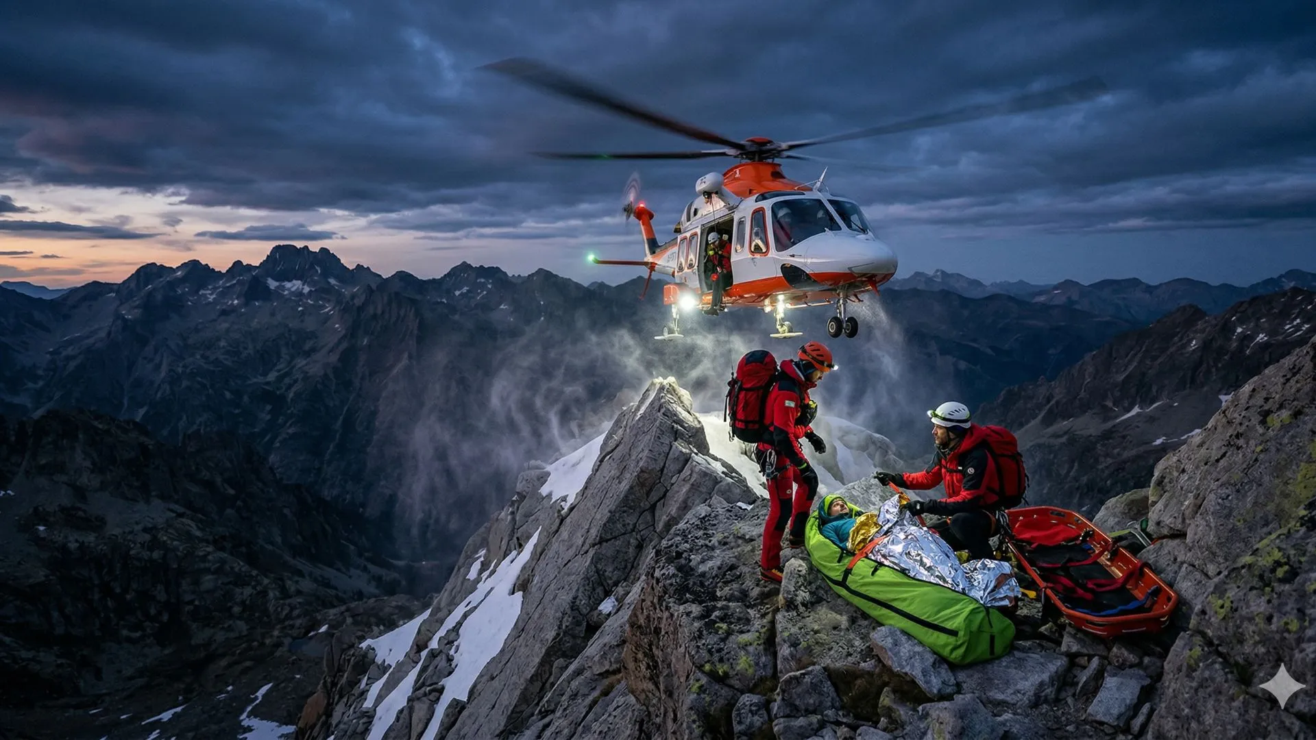 Imagen Hero natural nocturna y visual, sin texto, de una operación de rescate técnico del GREIM con helicóptero estabilizado en una arista kárstica de Picos de Europa en 2026, mostrando a un montañero herido inmovilizado en una camilla, envuelto en manta térmica y protegido por su compañero arrodillado en una zona segura, siguiendo el protocolo PAS.