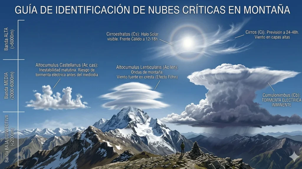 Ilustración técnica que muestra la identificación visual de nubes críticas en montaña: Cirros, Halo solar por Cirroestratos, Altocumulus Lenticularis y Cumulonimbus con yunque.