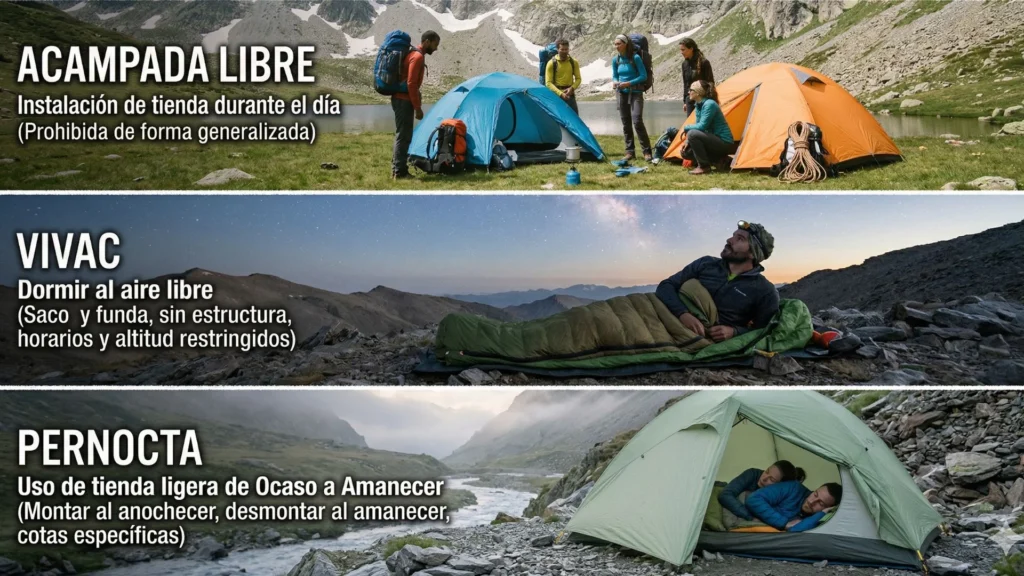 Infografía dividida en 3 secciones que diferencia visualmente y con texto la acampada libre (prohibida), el vivac (permitido) y la pernocta (tienda de ocaso a amanecer) en la montaña española en 2026.