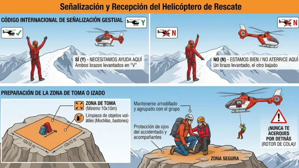 Infografía técnica dividida en 3 paneles que enseña visualmente y con texto en español el código gestual internacional "Y" (Sí) y "N" (No) para helicópteros de rescate, la preparación de la zona de toma (10x10m, limpieza de objetos volátiles) y los protocolos de seguridad para el grupo (arrodillarse, protección de ojos, zona segura) en montaña.