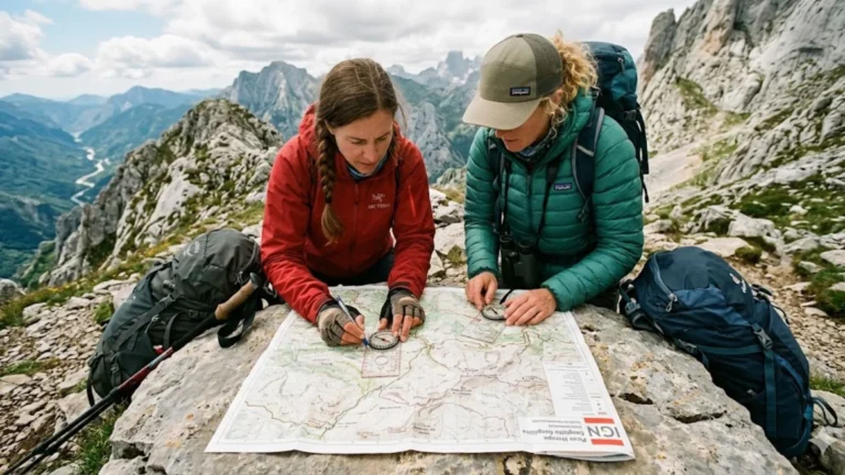 dos senderistas realizando una técnica de orientación con brújula de placa sobre un mapa topográfico del IGN en un entorno de alta montaña.