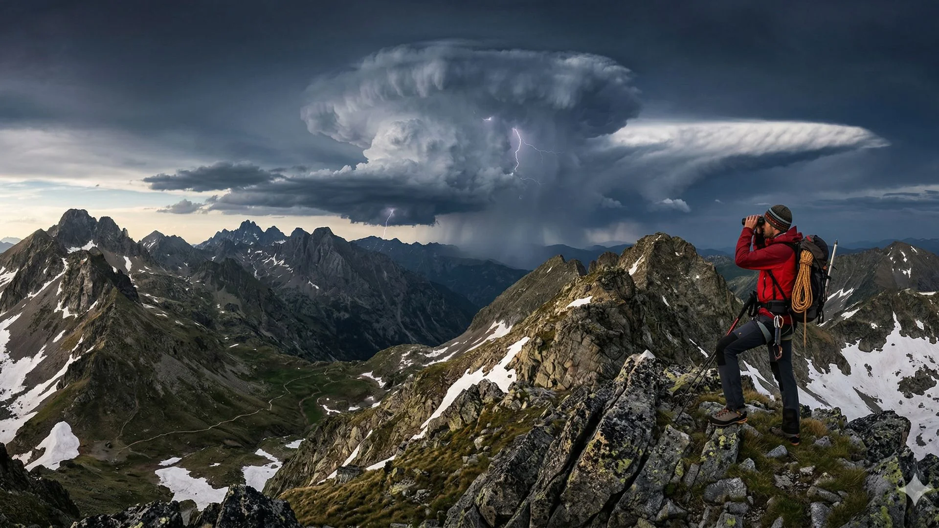 Montañero con equipo técnico observando la formación de una tormenta eléctrica con nube de yunque desde una arista de alta montaña.