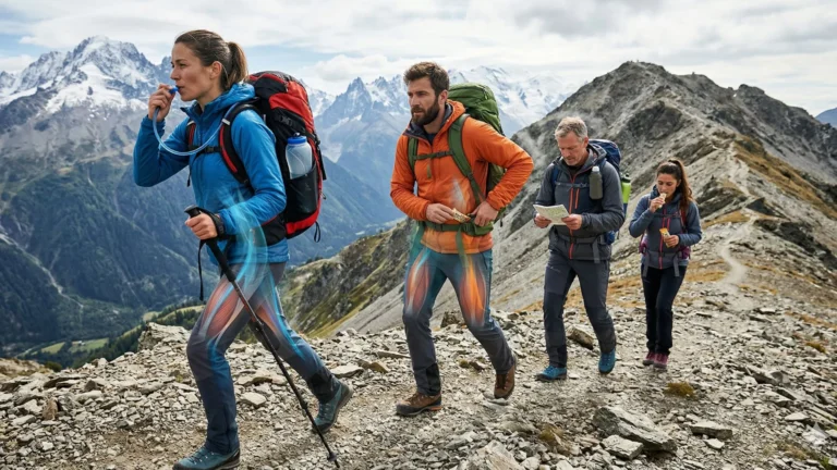 Fotografía técnica explicativa de un grupo de cuatro senderistas avanzando rítmicamente por una arista de montaña, ilustrando mediante diagramas visuales el equilibrio metabólico grupal entre glucógeno, grasas, carbohidratos técnicos y electrolitos para una jornada de 8 horas en montaña.