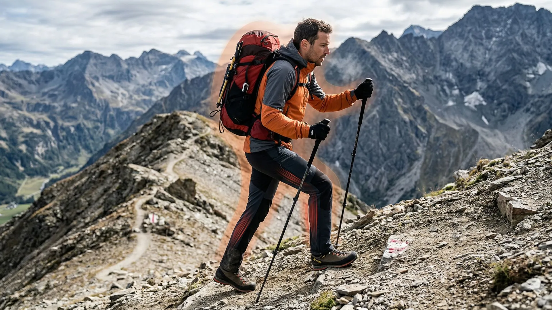Montañero técnico aplicando el paso de guía y una cadencia rítmica con bastones en una ascensión de gran desnivel, ilustrando la eficiencia energética y la gestión del umbral aeróbico en senderismo.