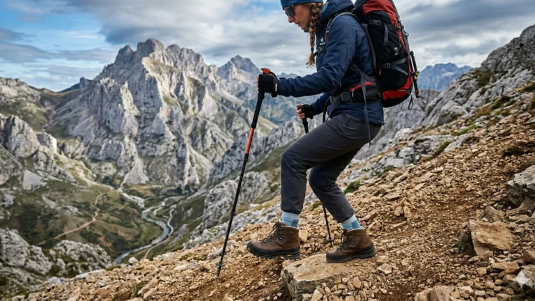 Primer plano técnico de una bota de montaña impactando decididamente con el metatarso y talón en un sendero inclinado de pedrera, con las rodillas flexionadas y bastones clavados por delante, ilustrando la biomecánica de frenado y protección articular en el descenso.