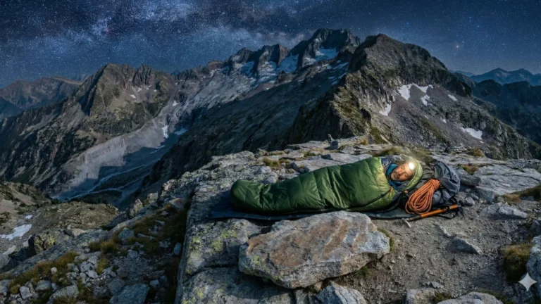 Montañero solitario arrodillado en una arista alpina expuesta en plena noche, manipulando y organizando su funda de vivac técnica sobre la roca, sin tienda ni estructuras, bajo un cielo estrellado, reflejando el cumplimiento del horario de pernocta y el protocolo "Leave No Trace" en 2026.